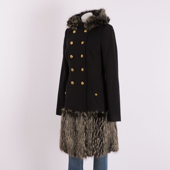 Rachel Zoe Black Wool Military Coat with Faux Fur Trim Size US 8 - Picture 2 of 11